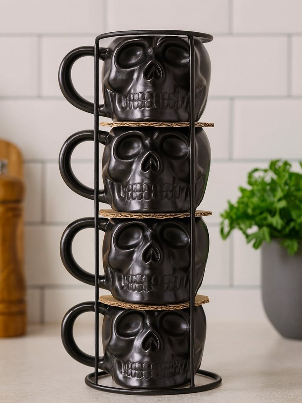 NEW Skull Mug Set of 4 Stackable Mugs Dia De Los Muertos Skulls Halloween Stonew